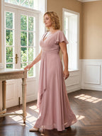 Dusty Rose Chiffon V-Neck Back Zip A-Line Ankle-Length Plus Size Bridesmaid Dress - Curvevia