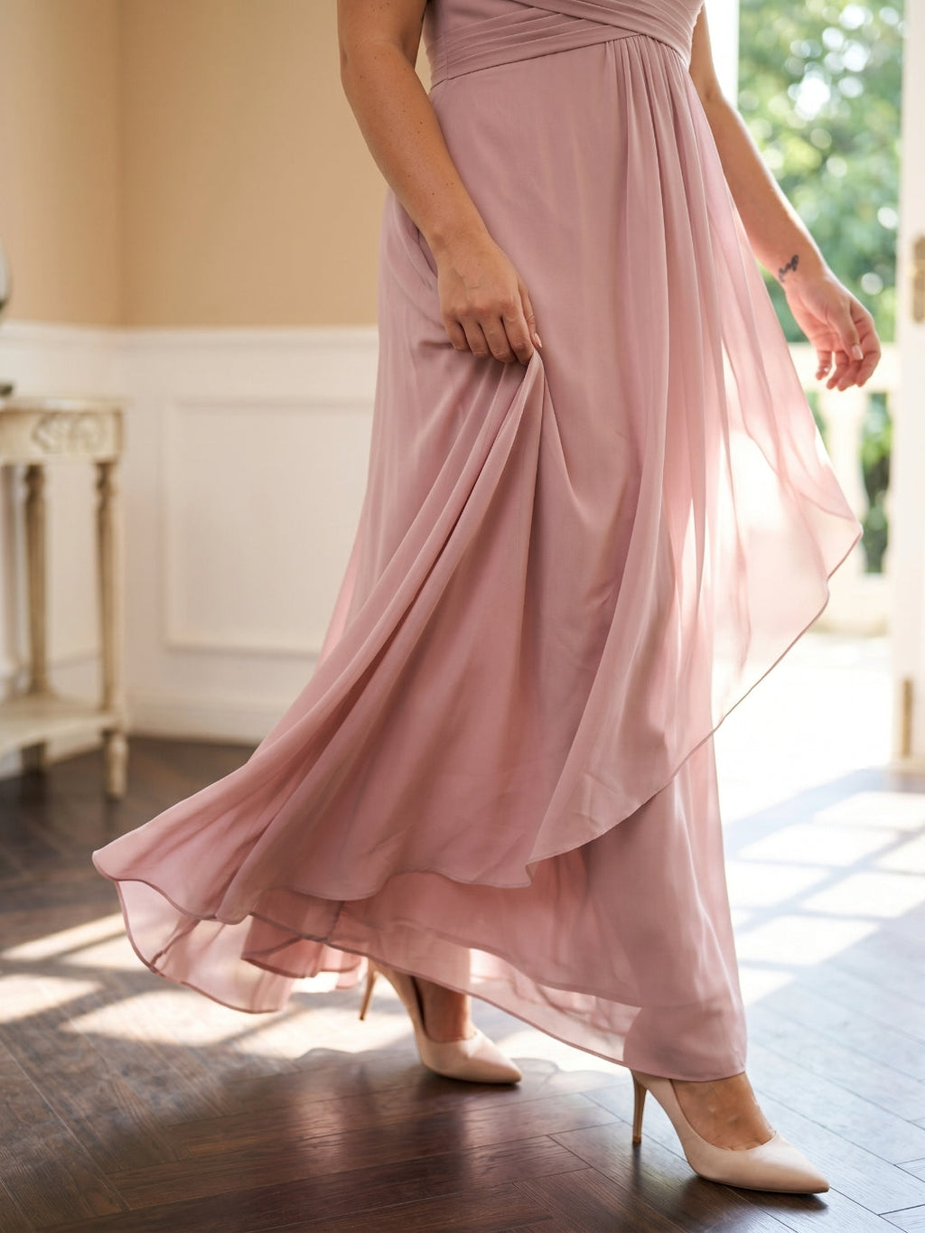 Dusty Rose Chiffon V-Neck Back Zip A-Line Ankle-Length Plus Size Bridesmaid Dress - Curvevia