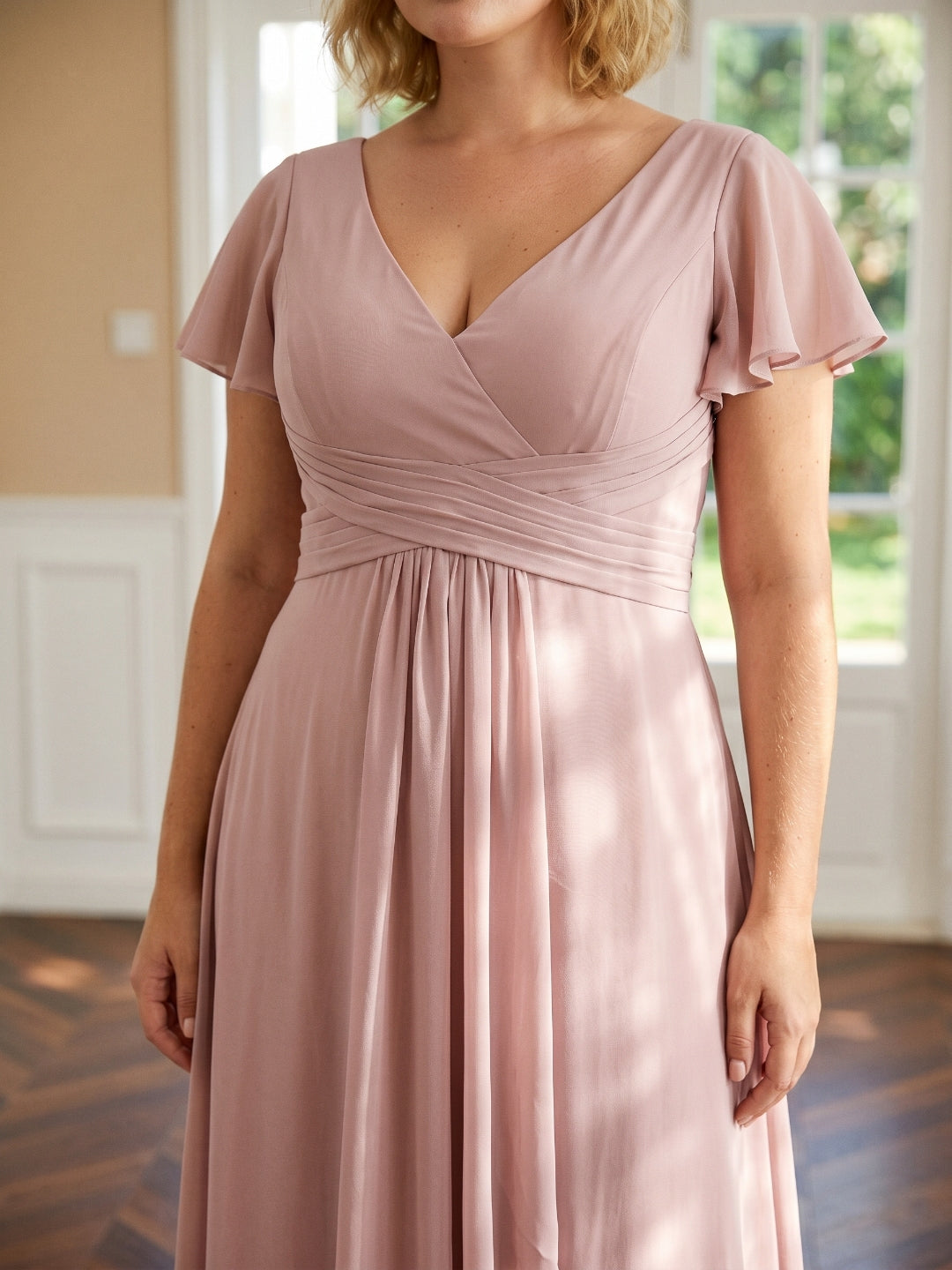 Dusty Rose Chiffon V-Neck Back Zip A-Line Ankle-Length Plus Size Bridesmaid Dress - Curvevia