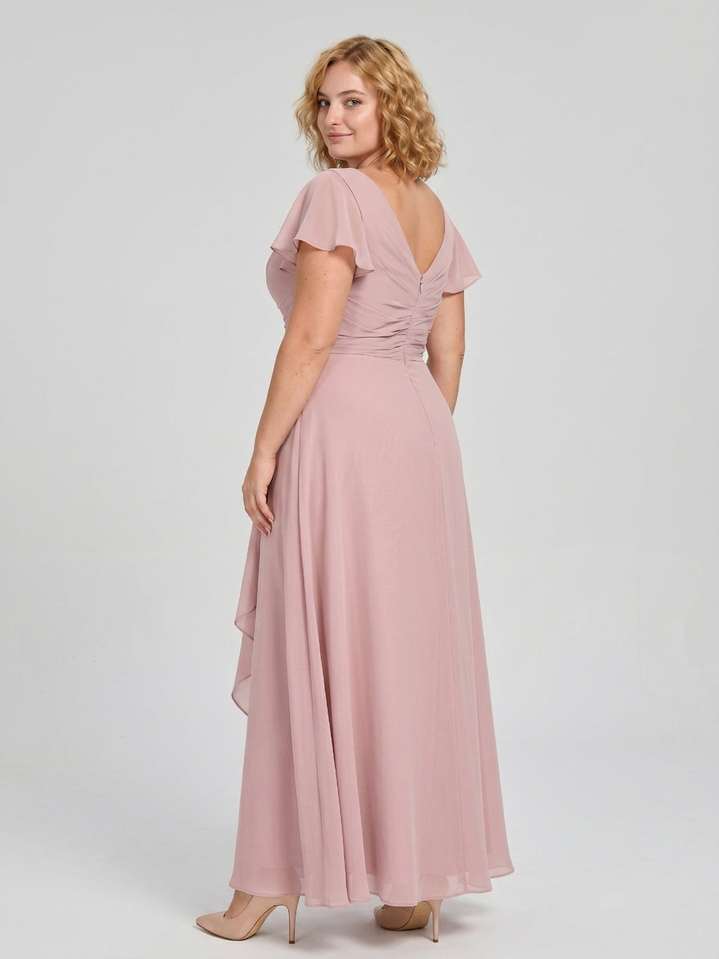 Dusty Rose Chiffon V-Neck Back Zip A-Line Ankle-Length Plus Size Bridesmaid Dress - Curvevia