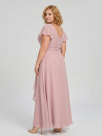 Dusty Rose Chiffon V-Neck Back Zip A-Line Ankle-Length Plus Size Bridesmaid Dress - Curvevia
