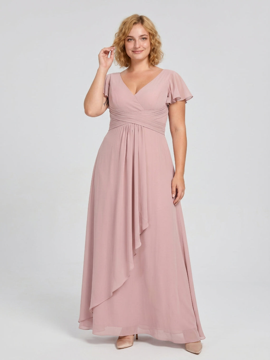 Dusty Rose Chiffon V-Neck Back Zip A-Line Ankle-Length Plus Size Bridesmaid Dress - Curvevia