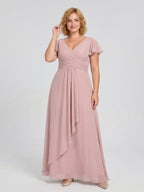 Dusty Rose Chiffon V-Neck Back Zip A-Line Ankle-Length Plus Size Bridesmaid Dress - Curvevia