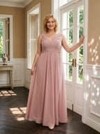 Dusty Rose Chiffon V-Neck V-Back A-Line Ankle-Length Plus Size Bridesmaid Dress - Curvevia