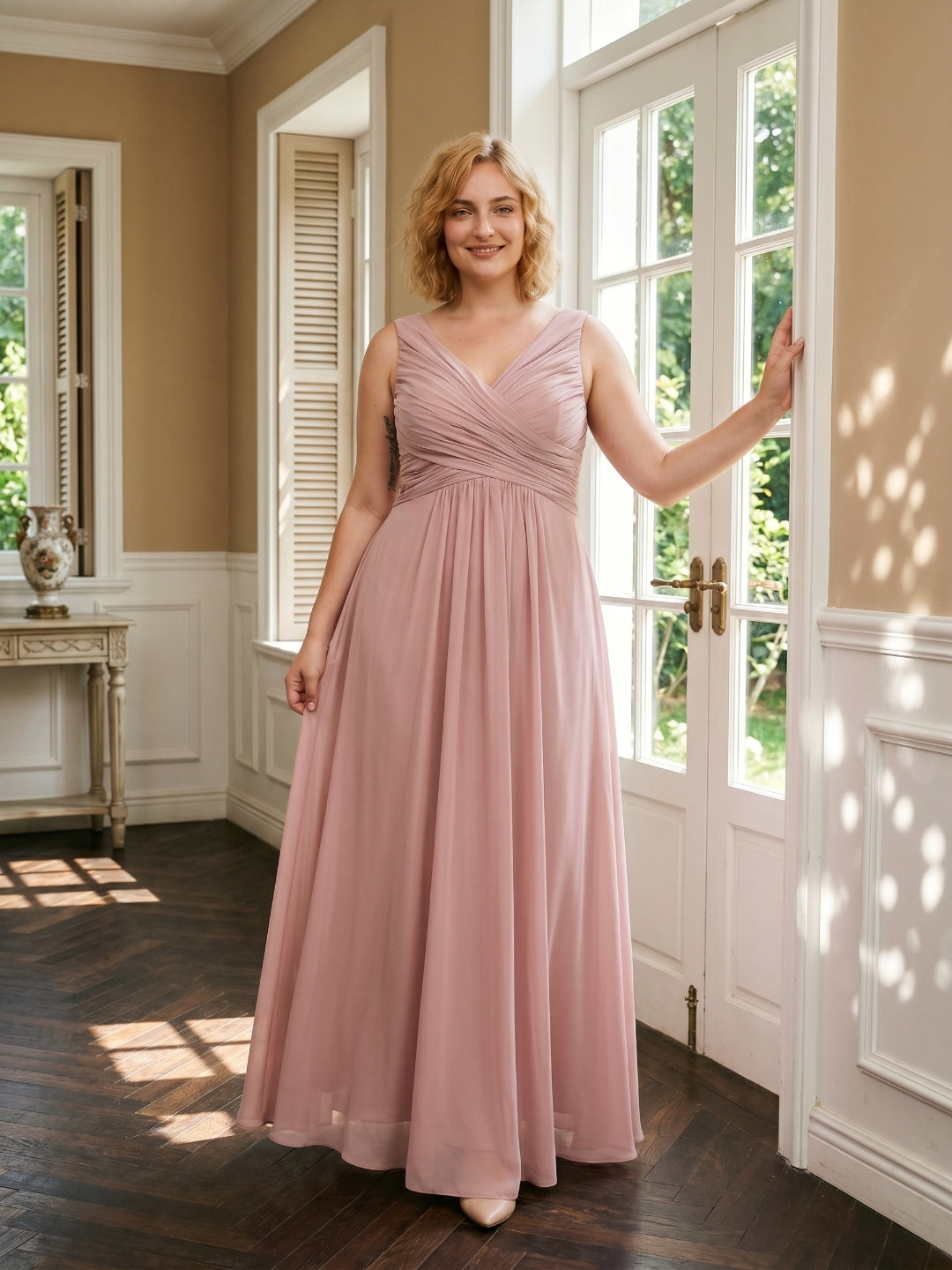 Dusty Rose Chiffon V-Neck V-Back A-Line Ankle-Length Plus Size Bridesmaid Dress - Curvevia