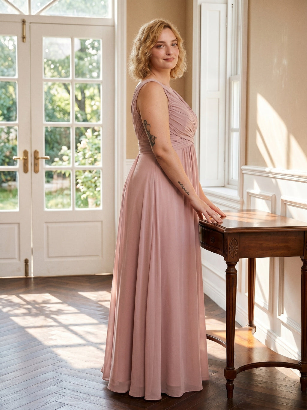 Dusty Rose Chiffon V-Neck V-Back A-Line Ankle-Length Plus Size Bridesmaid Dress - Curvevia