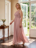 Dusty Rose Chiffon V-Neck V-Back A-Line Ankle-Length Plus Size Bridesmaid Dress - Curvevia
