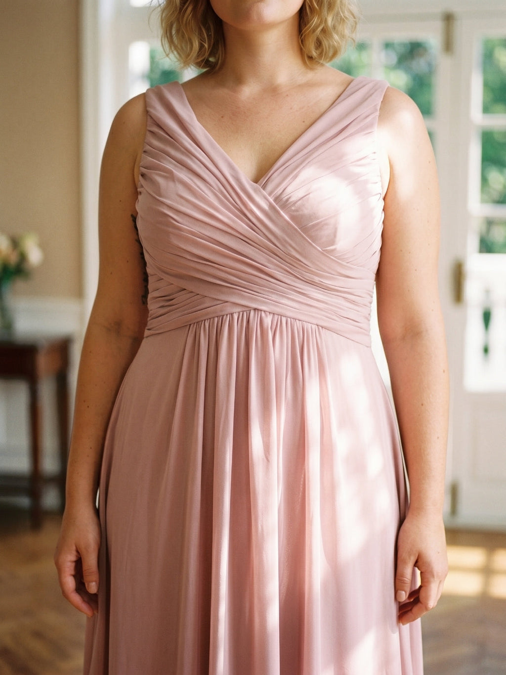 Dusty Rose Chiffon V-Neck V-Back A-Line Ankle-Length Plus Size Bridesmaid Dress - Curvevia
