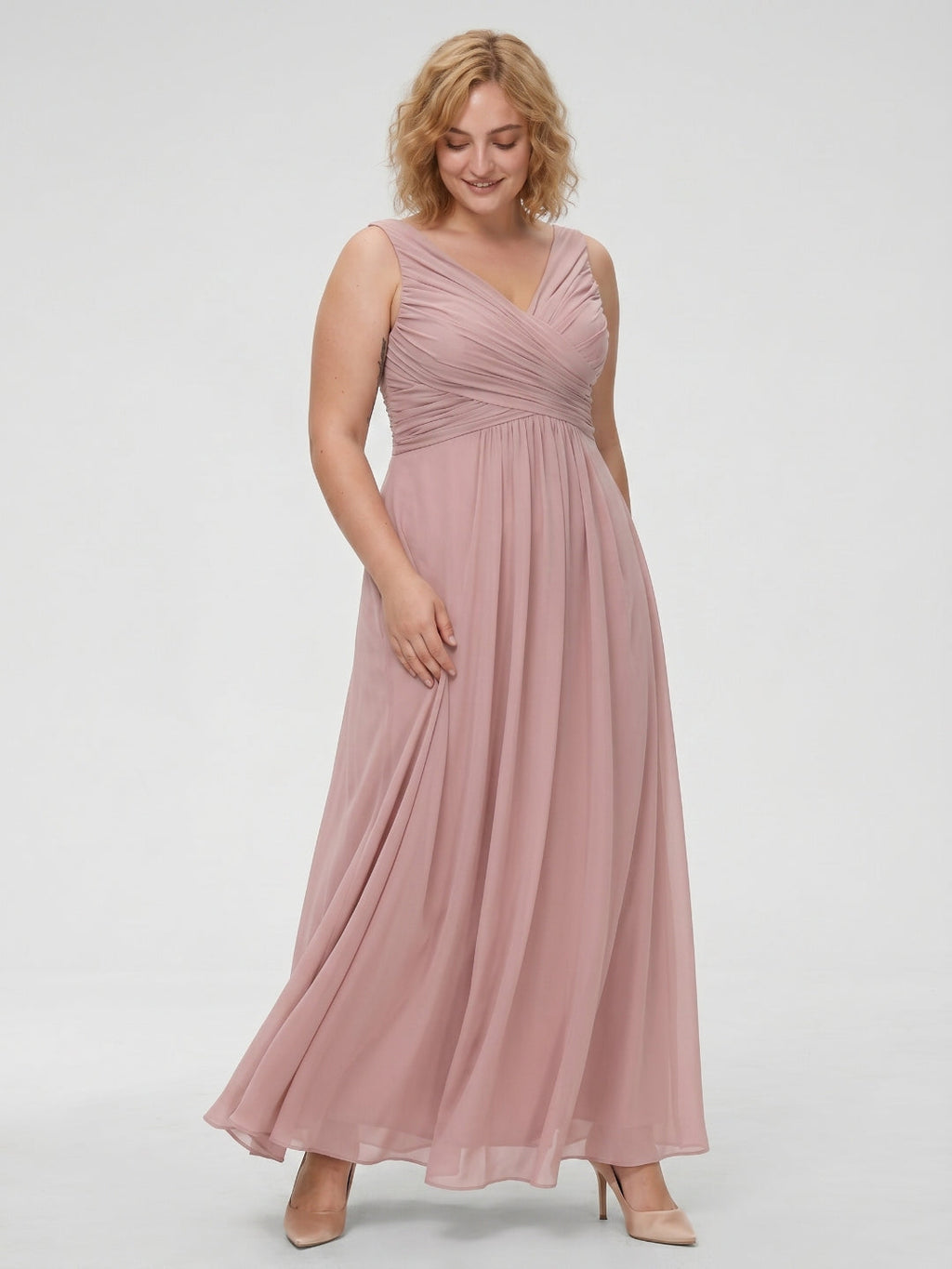 Dusty Rose Chiffon V-Neck V-Back A-Line Ankle-Length Plus Size Bridesmaid Dress - Curvevia
