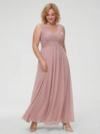 Dusty Rose Chiffon V-Neck V-Back A-Line Ankle-Length Plus Size Bridesmaid Dress - Curvevia