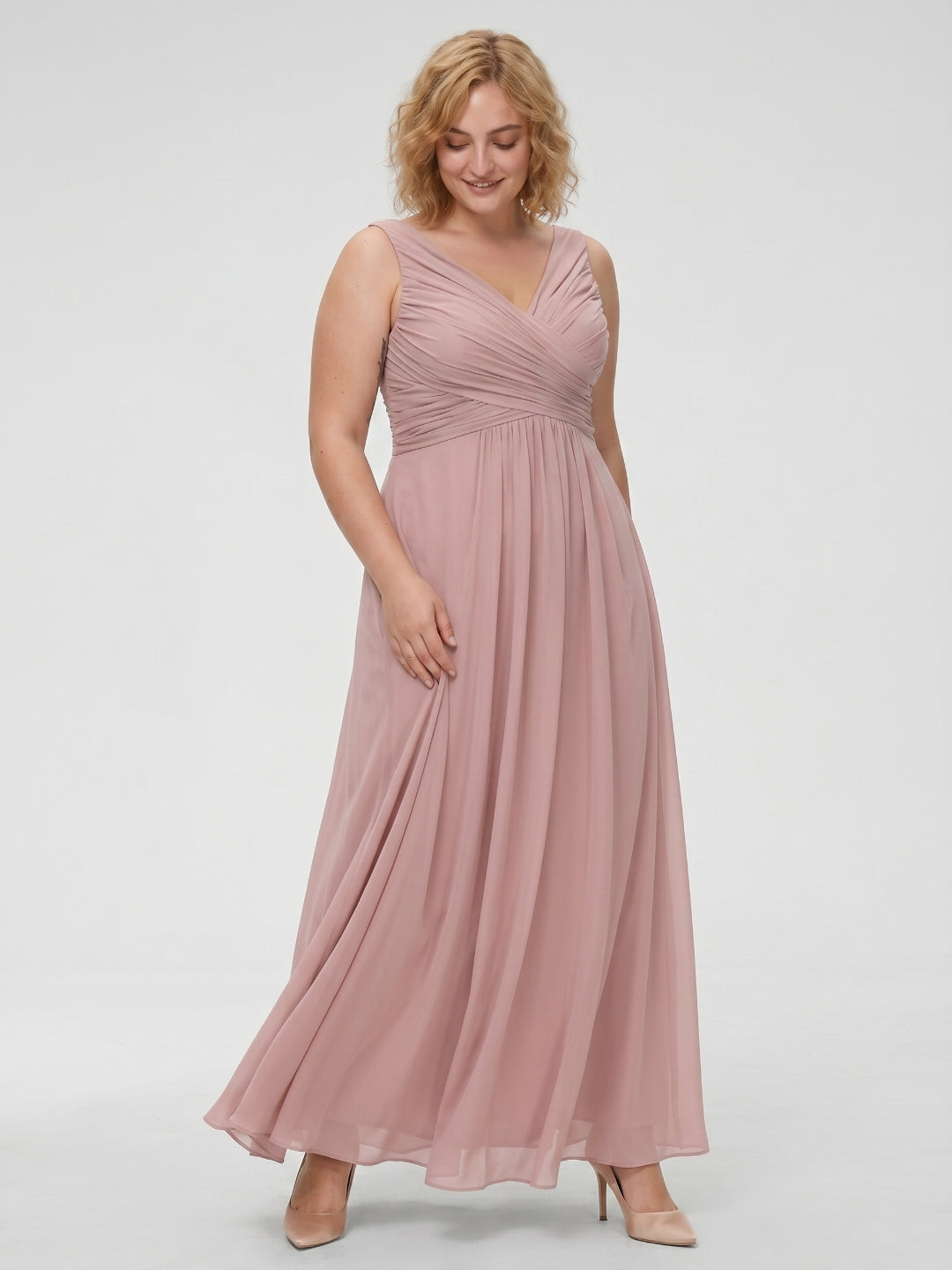Dusty Rose Chiffon V-Neck V-Back A-Line Ankle-Length Plus Size Bridesmaid Dress - Curvevia