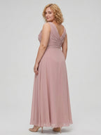 Dusty Rose Chiffon V-Neck V-Back A-Line Ankle-Length Plus Size Bridesmaid Dress - Curvevia