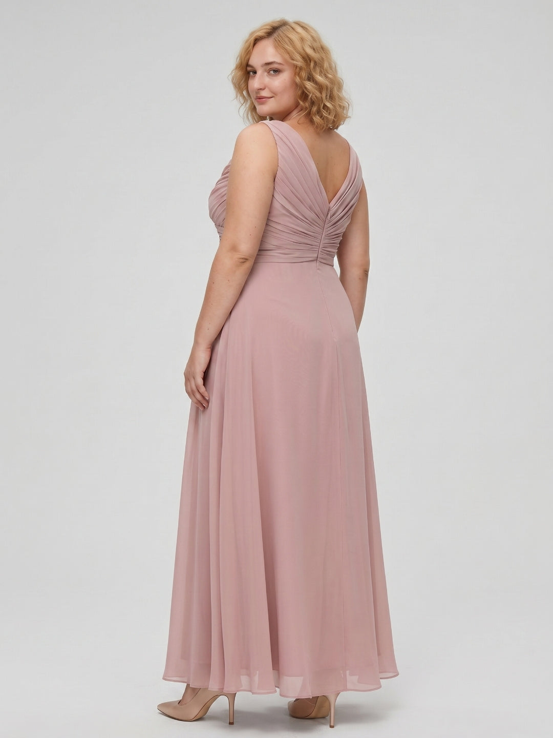 Dusty Rose Chiffon V-Neck V-Back A-Line Ankle-Length Plus Size Bridesmaid Dress - Curvevia