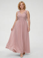 Dusty Rose Chiffon V-Neck V-Back A-Line Ankle-Length Plus Size Bridesmaid Dress - Curvevia