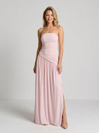 Dusty Rose Matte Satin Sheath Straight Neck Corset Floor Formal Dress with Pleating - Curvevia