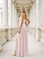 Dusty Rose Matte Satin Sheath Straight Neck Corset Floor Formal Dress with Pleating - Curvevia