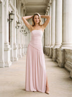 Dusty Rose Matte Satin Sheath Straight Neck Corset Floor Formal Dress with Pleating - Curvevia