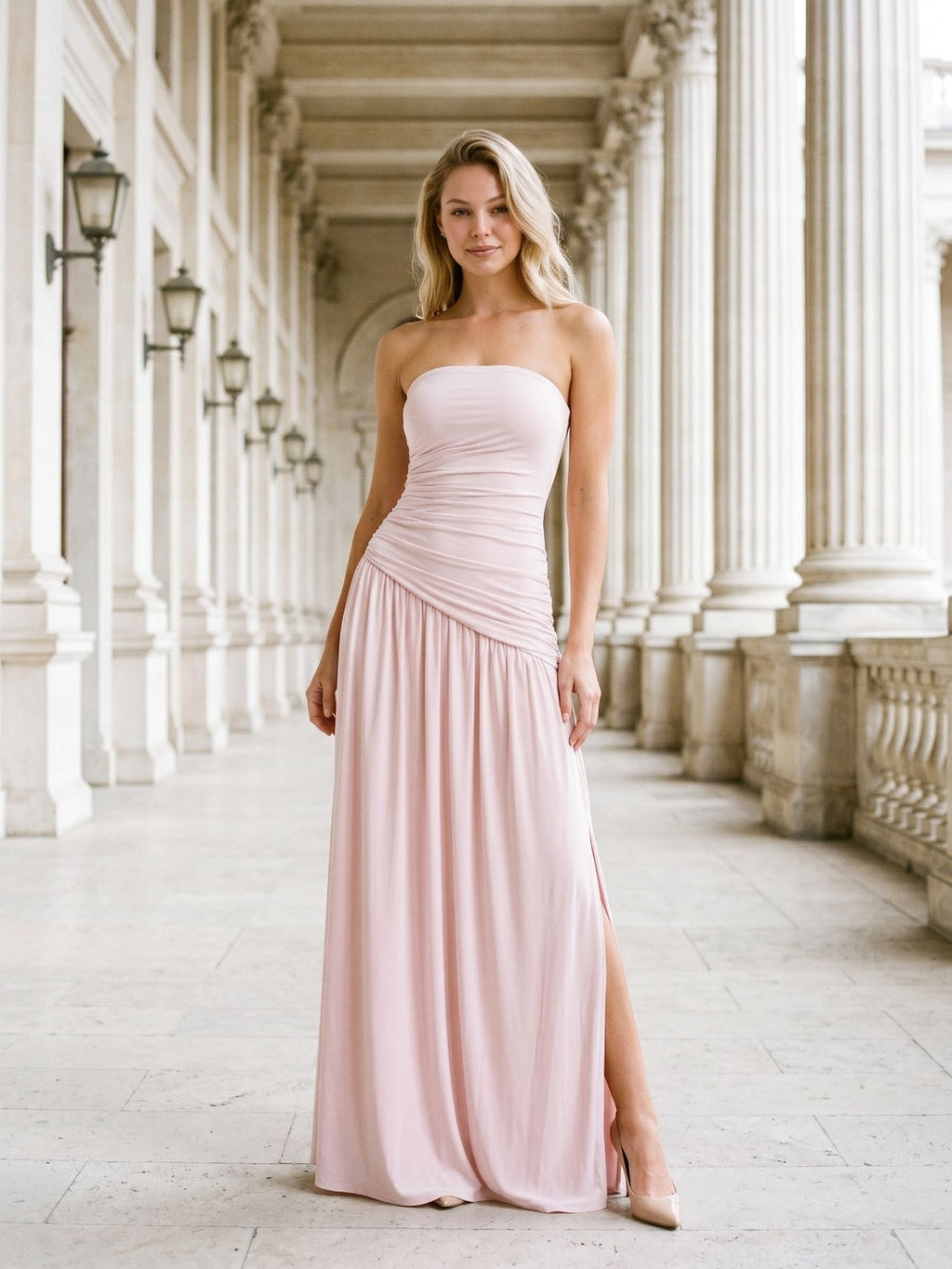 Dusty Rose Matte Satin Sheath Straight Neck Corset Floor Formal Dress with Pleating - Curvevia