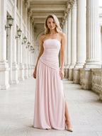Dusty Rose Matte Satin Sheath Straight Neck Corset Floor Formal Dress with Pleating - Curvevia