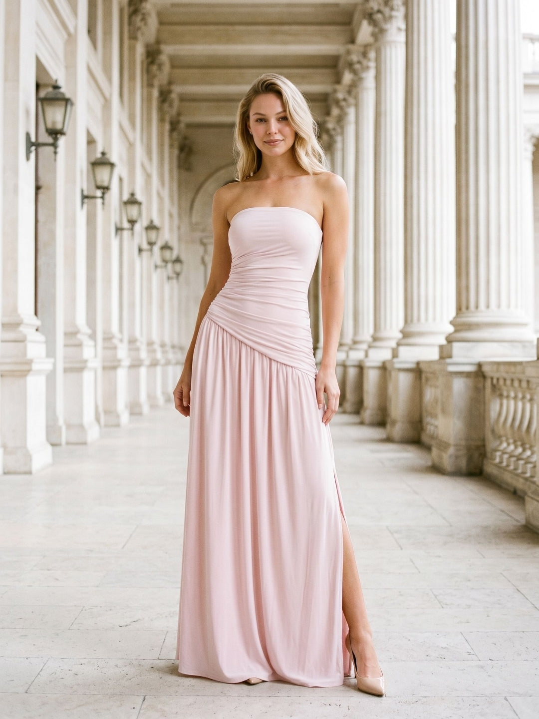 Dusty Rose Matte Satin Sheath Straight Neck Corset Floor Formal Dress with Pleating - Curvevia