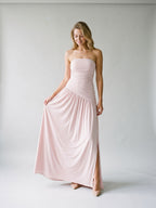 Dusty Rose Matte Satin Sheath Straight Neck Corset Floor Formal Dress with Pleating - Curvevia