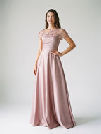 Dusty Rose Satin A-Line One Shoulder Back Zip Floor-Length Dress with 3D Flowers - Curvevia