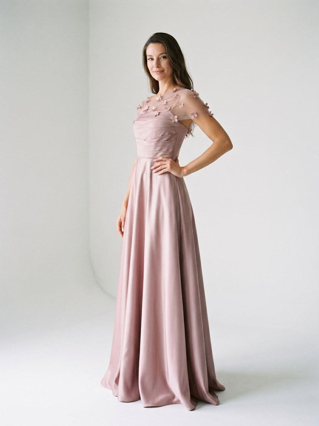 Dusty Rose Satin A-Line One Shoulder Back Zip Floor-Length Dress with 3D Flowers - Curvevia