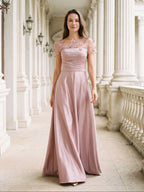 Dusty Rose Satin A-Line One Shoulder Back Zip Floor-Length Dress with 3D Flowers - Curvevia