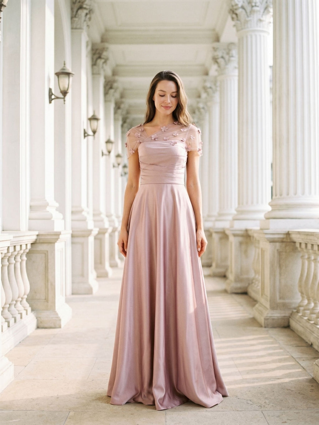 Dusty Rose Satin A-Line One Shoulder Back Zip Floor-Length Dress with 3D Flowers - Curvevia