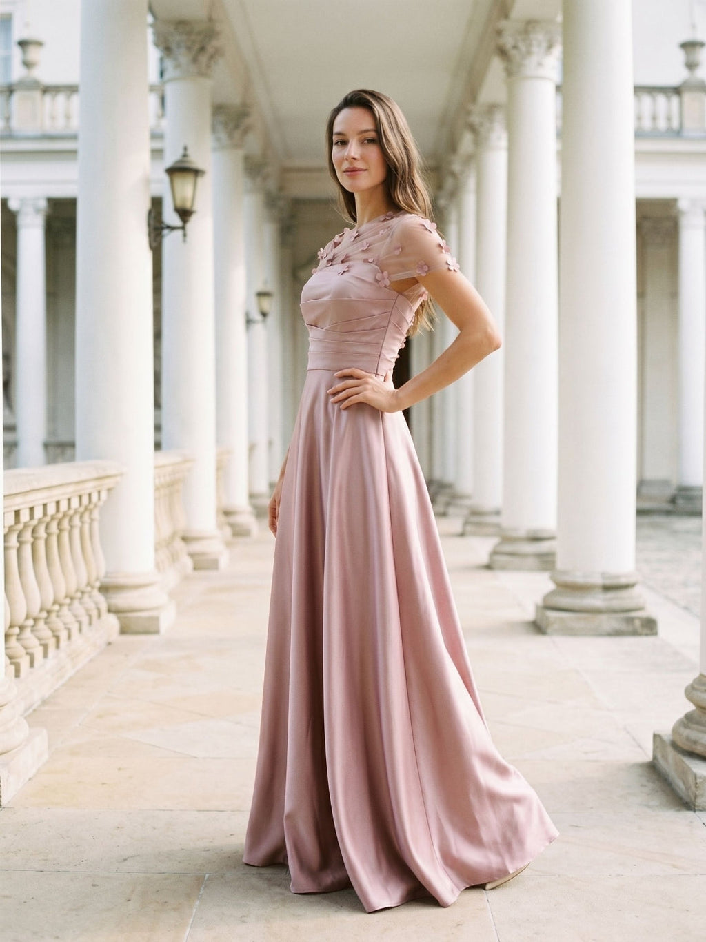 Dusty Rose Satin A-Line One Shoulder Back Zip Floor-Length Dress with 3D Flowers - Curvevia