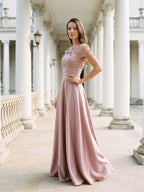 Dusty Rose Satin A-Line One Shoulder Back Zip Floor-Length Dress with 3D Flowers - Curvevia