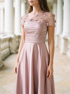 Dusty Rose Satin A-Line One Shoulder Back Zip Floor-Length Dress with 3D Flowers - Curvevia