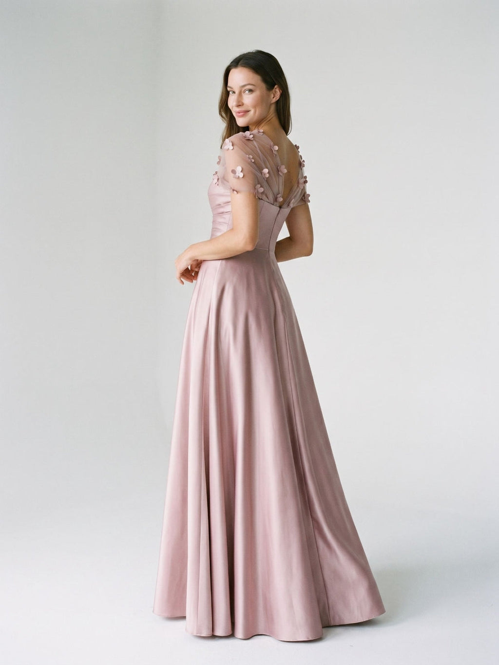 Dusty Rose Satin A-Line One Shoulder Back Zip Floor-Length Dress with 3D Flowers - Curvevia