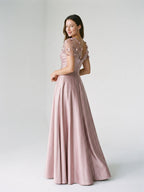 Dusty Rose Satin A-Line One Shoulder Back Zip Floor-Length Dress with 3D Flowers - Curvevia