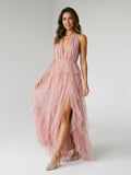 Dusty Rose Tulle A-Line Halter Backless Floor-Length Evening Dress with Cascading Ruffles - Curvevia