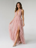 Dusty Rose Tulle A-Line Halter Backless Floor-Length Evening Dress with Cascading Ruffles - Curvevia