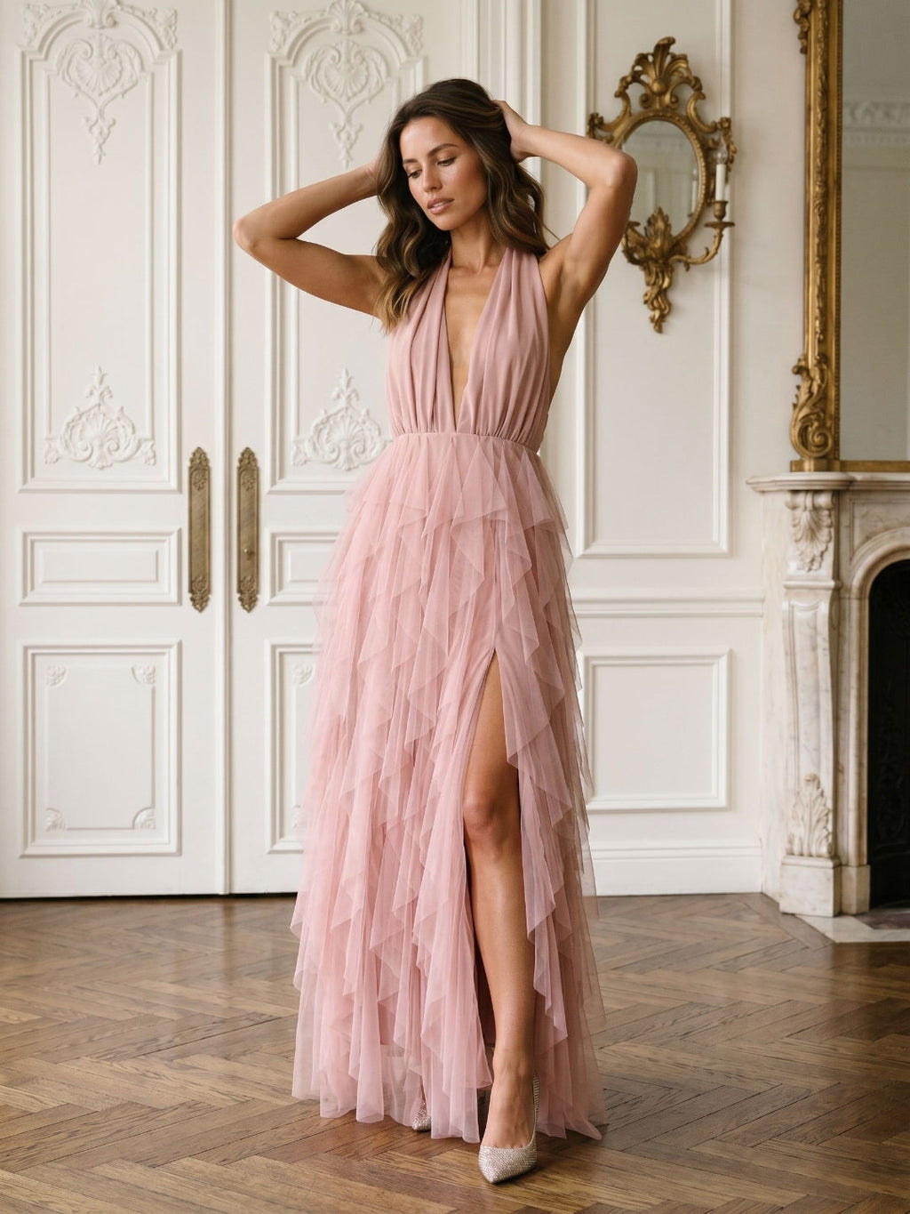 Dusty Rose Tulle A-Line Halter Backless Floor-Length Evening Dress with Cascading Ruffles - Curvevia
