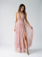 Dusty Rose Tulle A-Line Halter Backless Floor-Length Evening Dress with Cascading Ruffles - Curvevia