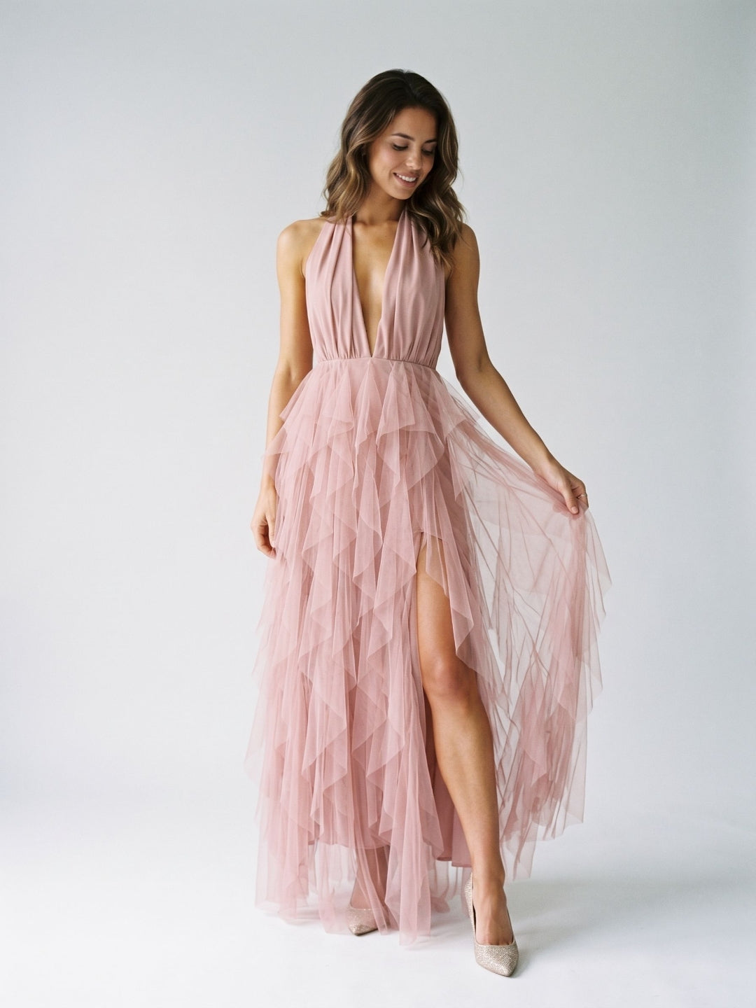 Dusty Rose Tulle A-Line Halter Backless Floor-Length Evening Dress with Cascading Ruffles - Curvevia