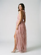 Dusty Rose Tulle A-Line Halter Backless Floor-Length Evening Dress with Cascading Ruffles - Curvevia