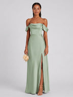 Elegant Dusty Sage Matte Satin A-Line Straight Neck Back Zip Ankle-Length Bridesmaid Dress - Curvevia