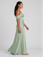 Elegant Dusty Sage Matte Satin A-Line Straight Neck Back Zip Ankle-Length Bridesmaid Dress - Curvevia