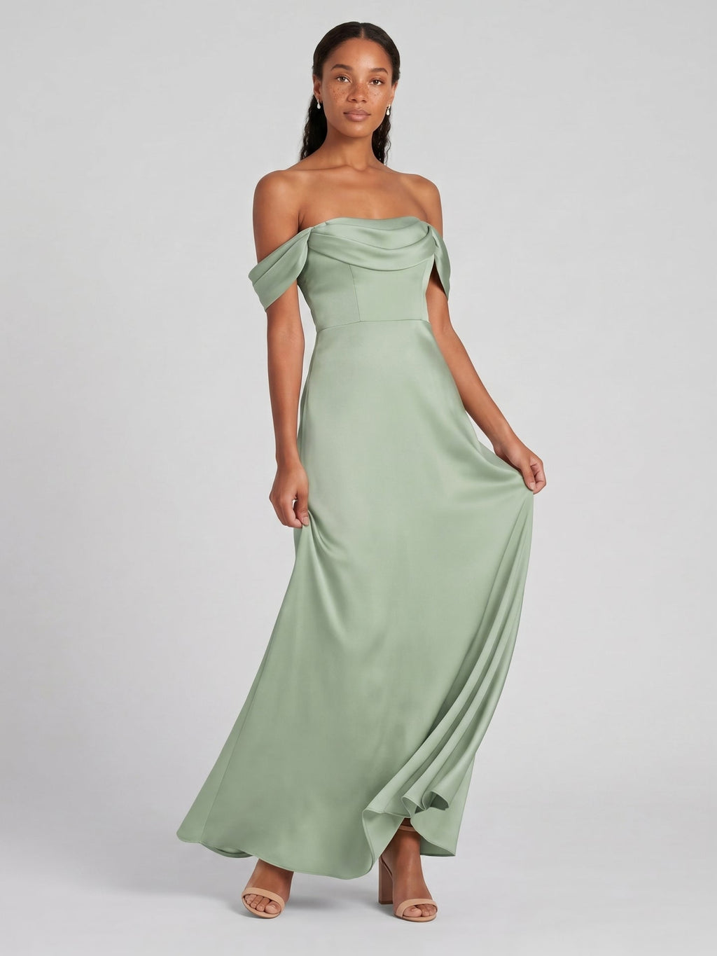 Elegant Dusty Sage Matte Satin A-Line Straight Neck Back Zip Ankle-Length Bridesmaid Dress - Curvevia