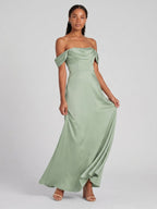 Elegant Dusty Sage Matte Satin A-Line Straight Neck Back Zip Ankle-Length Bridesmaid Dress - Curvevia