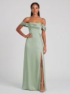 Elegant Dusty Sage Matte Satin A-Line Straight Neck Back Zip Ankle-Length Bridesmaid Dress - Curvevia