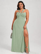 Modest Dusty Sage Chiffon A-Line Square Neck Ankle-Length Plus Size Bridesmaid Dress - Curvevia