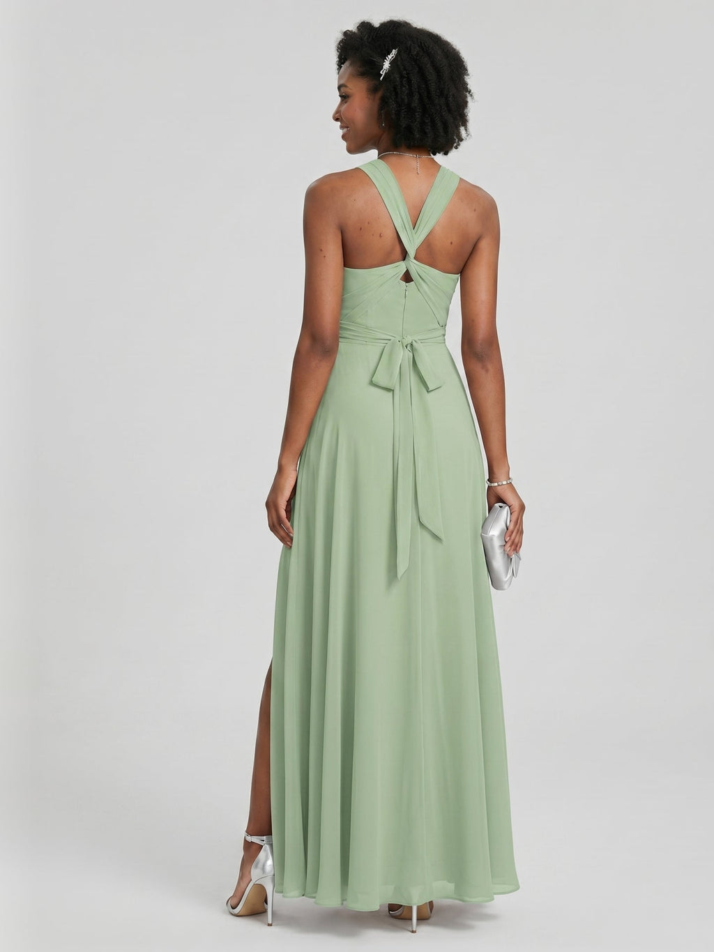 Modest Dusty Sage Chiffon A-Line Square Neck Ankle-Length Plus Size Bridesmaid Dress - Curvevia