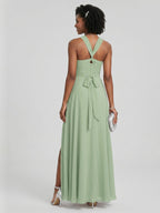 Modest Dusty Sage Chiffon A-Line Square Neck Ankle-Length Plus Size Bridesmaid Dress - Curvevia