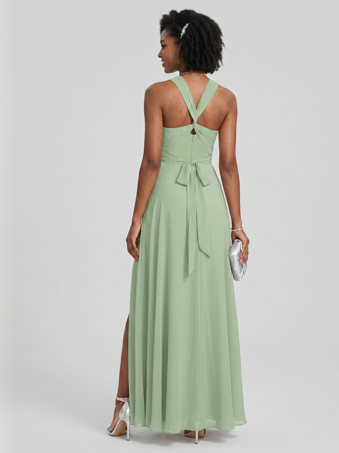 Modest Dusty Sage Chiffon A-Line Square Neck Ankle-Length Plus Size Bridesmaid Dress - Curvevia
