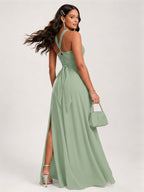 Modest Dusty Sage Chiffon A-Line Square Neck Ankle-Length Plus Size Bridesmaid Dress - Curvevia